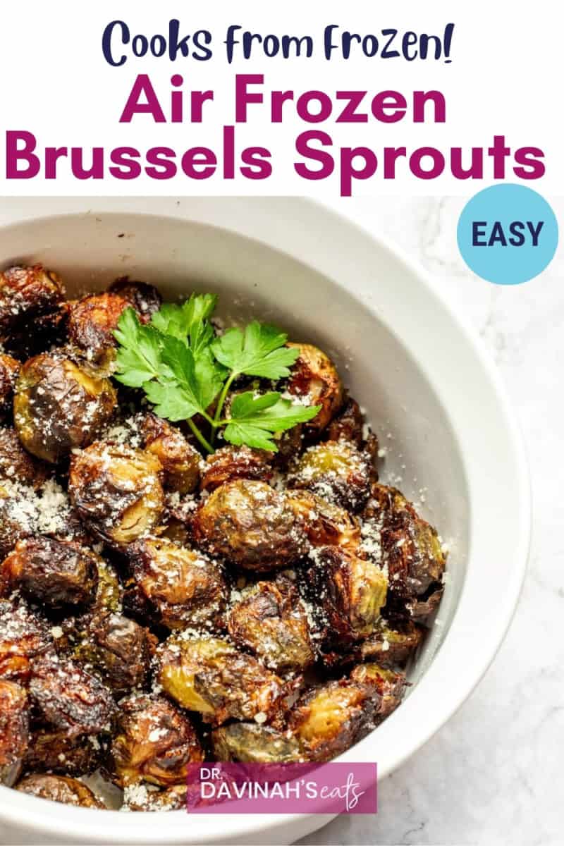 pinterest image for air fryer frozen Brussels sprouts