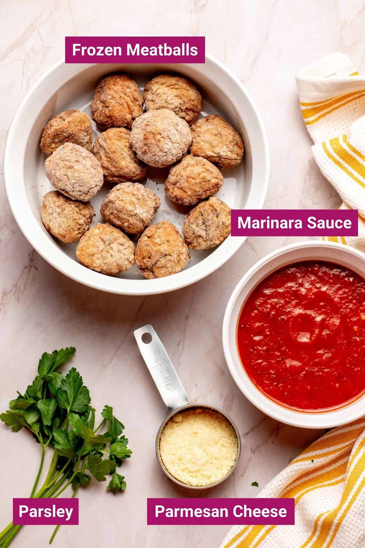frozen meatballs, parmesan cheese, marinara sauce on separate bowls