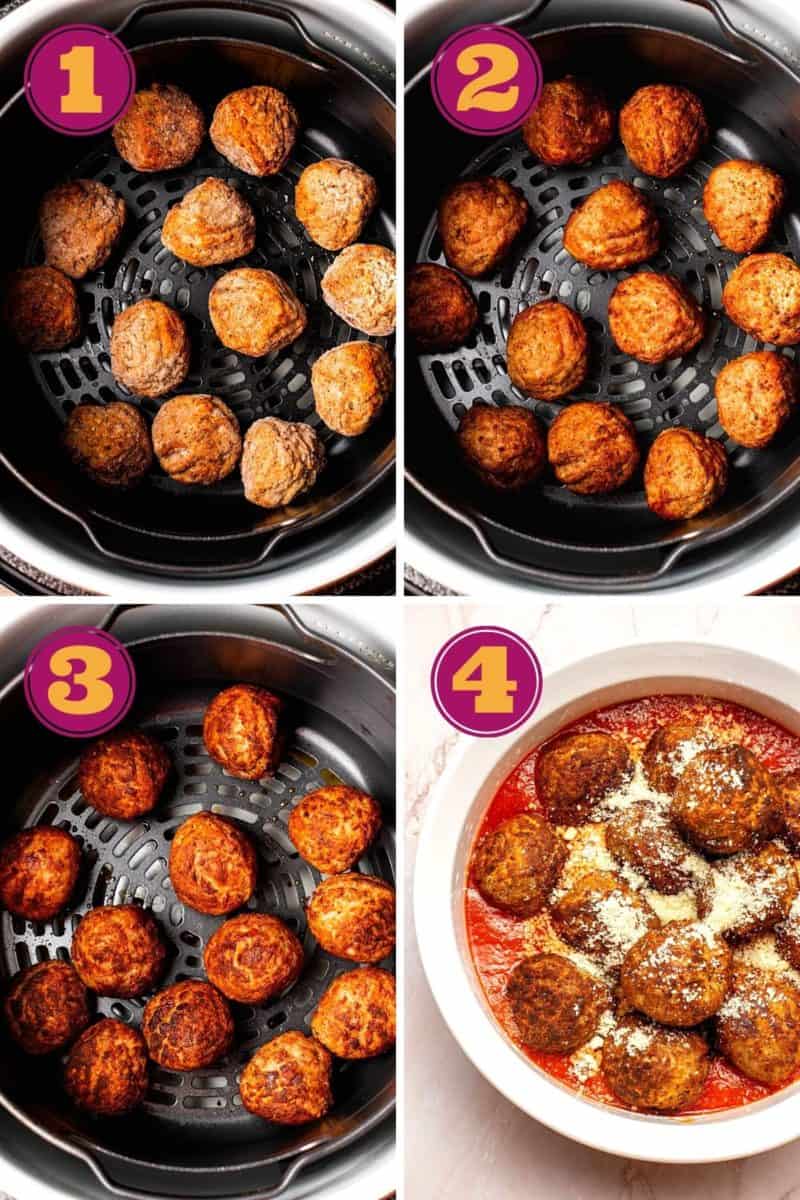 step by step process of cooking frozen meatballs on an air fryer