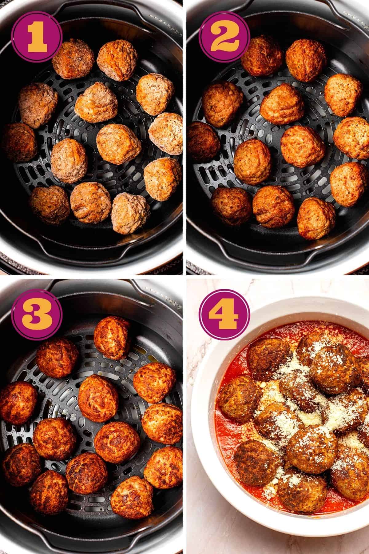 step by step process of cooking frozen meatballs in a Ninja Foodi air fryer