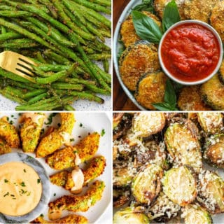 air fryer vegetable recipes like air fryer green beans, stuffed air fryer eggplant, keto avocado fries, and air fryer Brussels sprouts