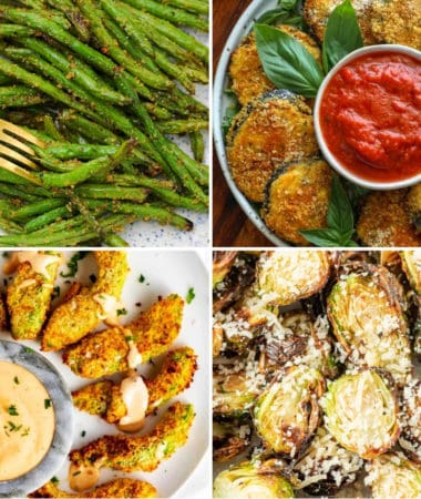 air fryer vegetable recipes like air fryer green beans, stuffed air fryer eggplant, keto avocado fries, and air fryer Brussels sprouts
