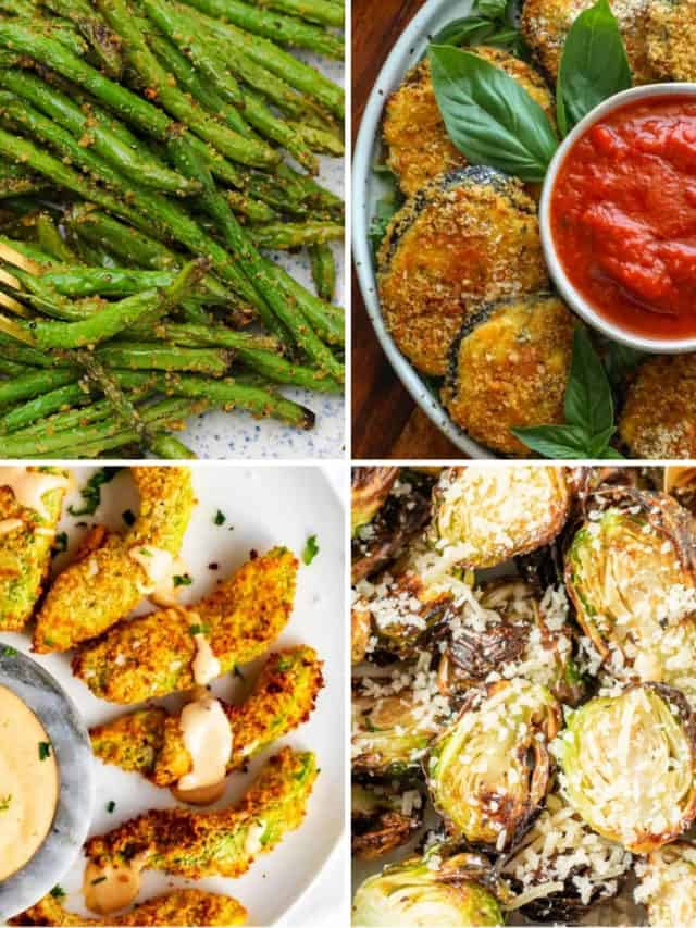 air fryer vegetable recipes like air fryer green beans, stuffed air fryer eggplant, keto avocado fries, and air fryer Brussels sprouts