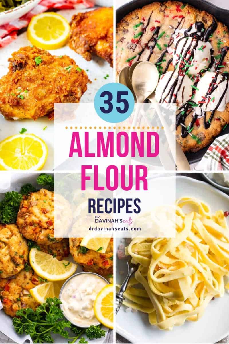 pinterest image for almond flour recipes like keto fried chicken, keto skillet cookie, air fryer crab cakes, and keto egg noodles with almond flour