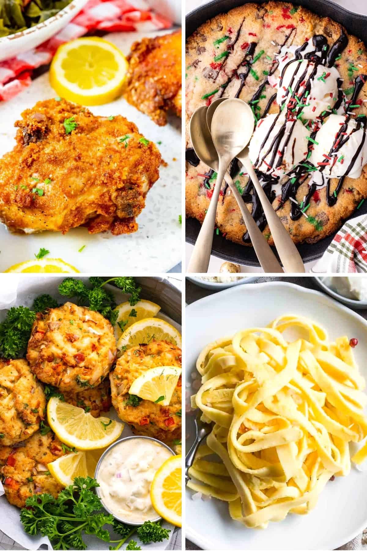 almond flour recipes like keto fried chicken, keto skillet cookie, air fryer crab cakes, and keto egg noodles with almond flour