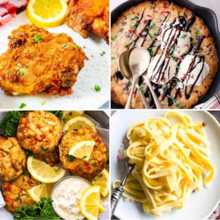 almond flour recipes like keto fried chicken, keto skillet cookie, air fryer crab cakes, and keto egg noodles with almond flour