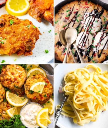 almond flour recipes like keto fried chicken, keto skillet cookie, air fryer crab cakes, and keto egg noodles with almond flour