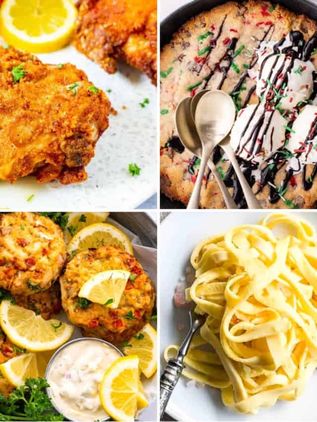 almond flour recipes like keto fried chicken, keto skillet cookie, air fryer crab cakes, and keto egg noodles with almond flour