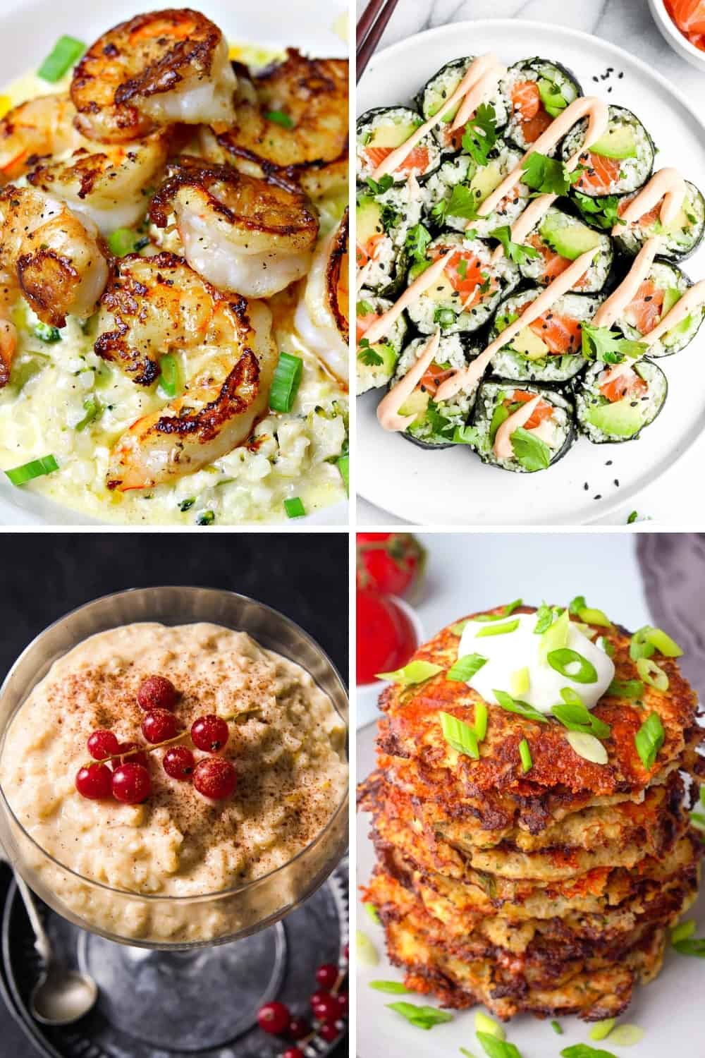 cauliflower rice recipes for every meal like cauliflower rice risotto with shrimp, cauliflower rice sushi, cauliflower rice hash browns, and cauliflower rice pudding