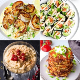 cauliflower rice recipes for every meal like cauliflower rice risotto with shrimp, cauliflower rice sushi, cauliflower rice hash browns, and cauliflower rice pudding