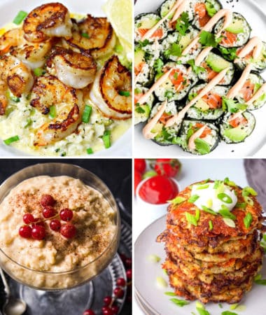 cauliflower rice recipes for every meal like cauliflower rice risotto with shrimp, cauliflower rice sushi, cauliflower rice hash browns, and cauliflower rice pudding