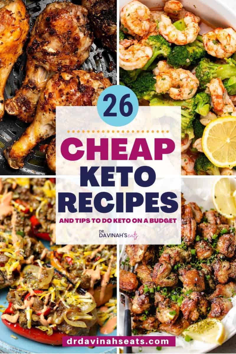 pinterest pin for cheap keto meals like frozen shrimp and broccoli, lemon chicken thighs, roasted chicken legs, and stuffed peppers