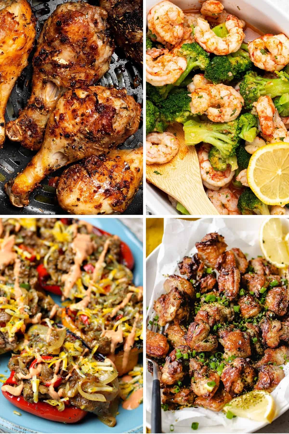cheap keto meals like frozen shrimp and broccoli, lemon chicken thighs, roasted chicken legs, and stuffed peppers