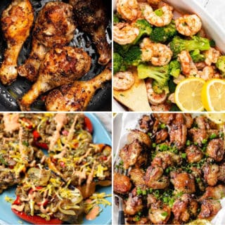 cheap keto meals like frozen shrimp and broccoli, lemon chicken thighs, roasted chicken legs, and stuffed peppers