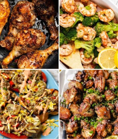 cheap keto meals like frozen shrimp and broccoli, lemon chicken thighs, roasted chicken legs, and stuffed peppers