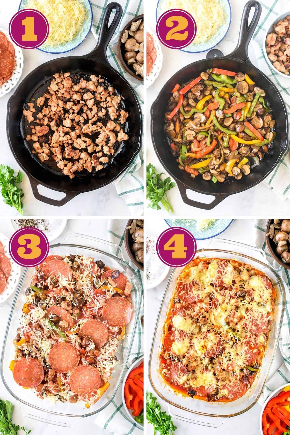 photo collage for how to make crustless pizza casserole in a skillet and baking pan