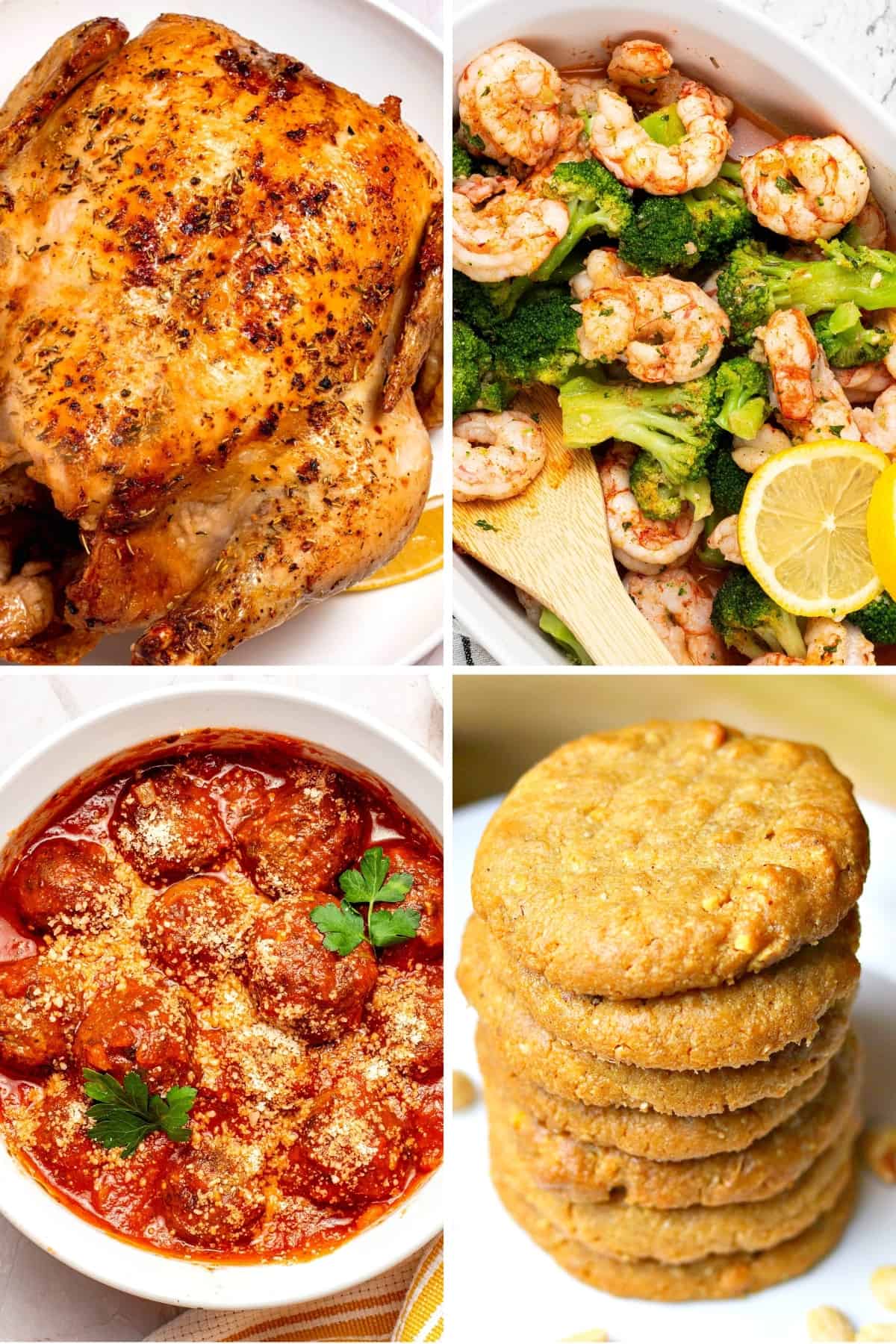 five ingredient keto recipes like air fryer roasted whole chicken, frozen air fryer shrimp and broccoli, keto meatballs, and keto peanut butter cookies