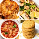 five ingredient keto recipes like air fryer roasted whole chicken, frozen air fryer shrimp and broccoli, keto meatballs, and keto peanut butter cookies