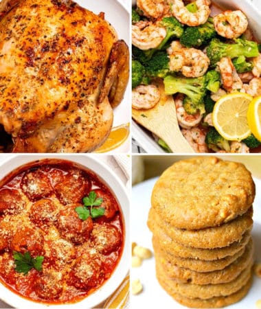 five ingredient keto recipes like air fryer roasted whole chicken, frozen air fryer shrimp and broccoli, keto meatballs, and keto peanut butter cookies