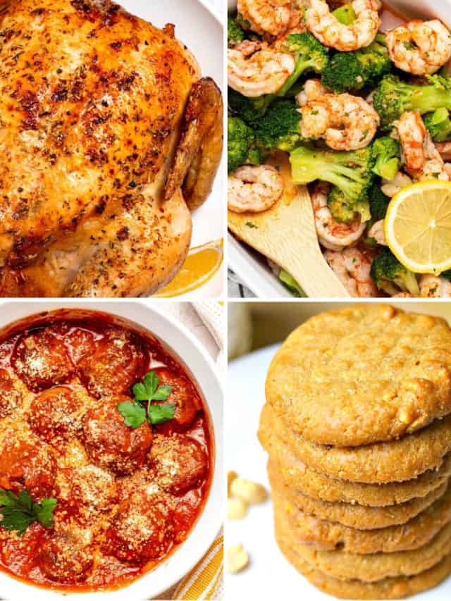 five ingredient keto recipes like air fryer roasted whole chicken, frozen air fryer shrimp and broccoli, keto meatballs, and keto peanut butter cookies