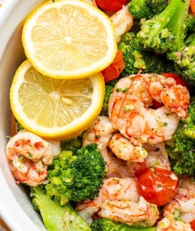 air fryer garlic butter shrimp and broccoli in a bowl