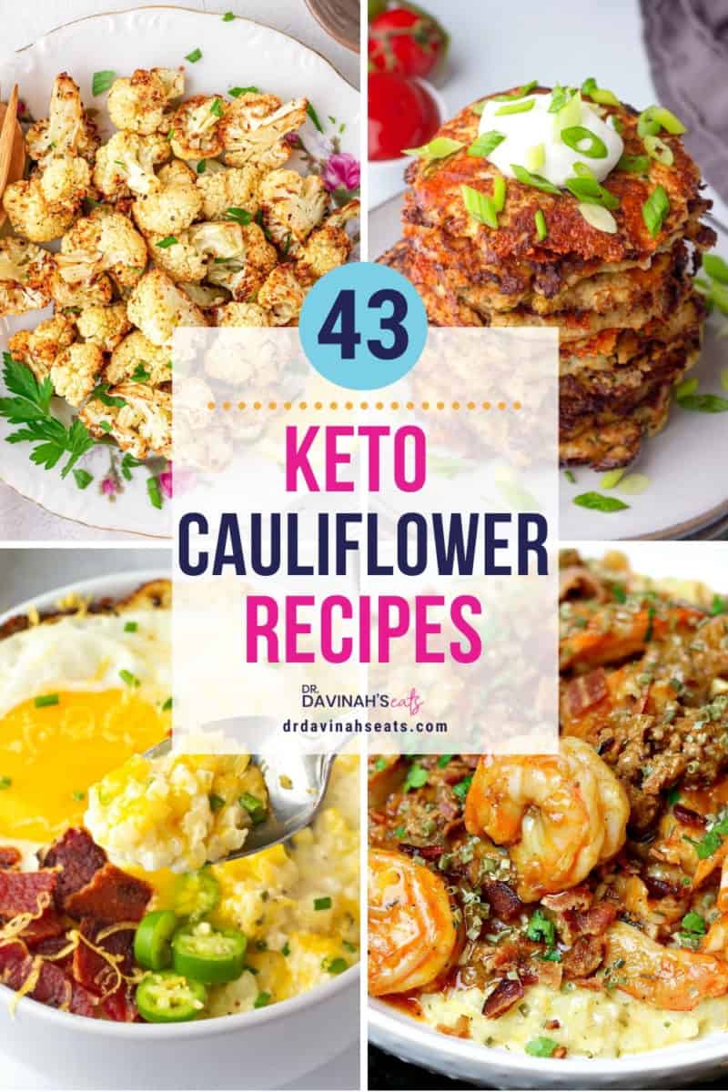 pinterest image for keto cauliflower recipes like air fryer cauliflower, cauliflower hash browns, shrimp with cauliflower grits, and cauliflower cheese grits