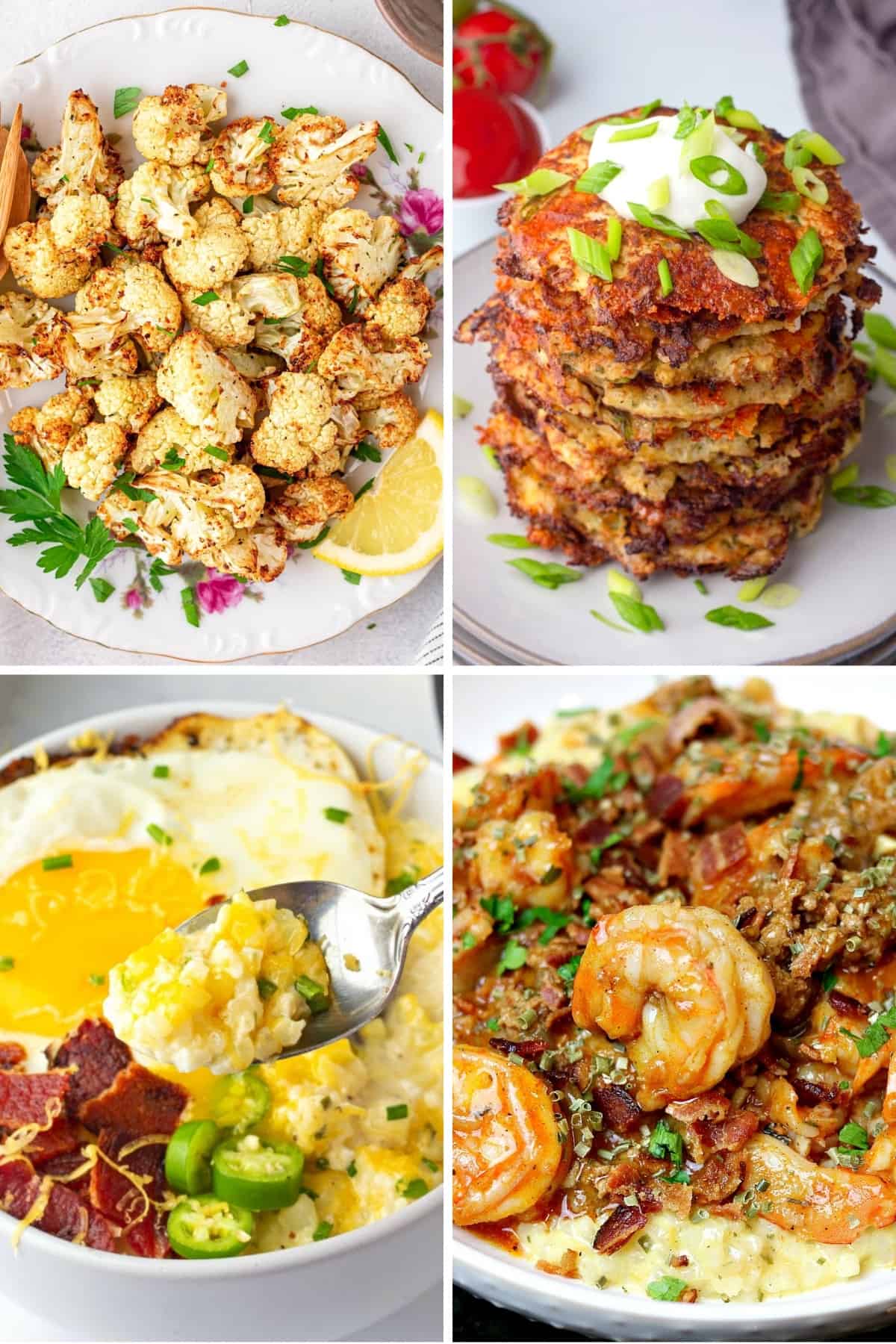 keto cauliflower recipes like air fryer cauliflower, cauliflower hash browns, shrimp with cauliflower grits, and cauliflower cheese grits