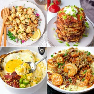 keto cauliflower recipes like air fryer cauliflower, cauliflower hash browns, shrimp with cauliflower grits, and cauliflower cheese grits