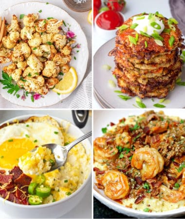 keto cauliflower recipes like air fryer cauliflower, cauliflower hash browns, shrimp with cauliflower grits, and cauliflower cheese grits