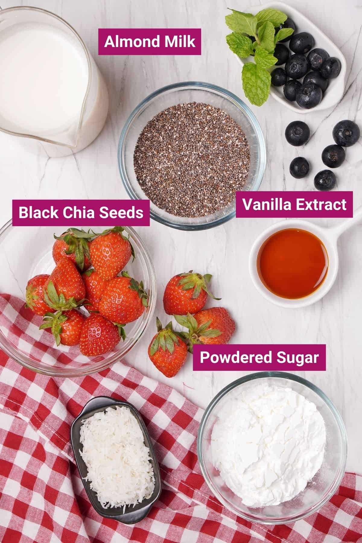 ingredients needed to make keto chia seed pudding: chia seeds, vanilla extract, almond milk and powdered sugar in separate bowls