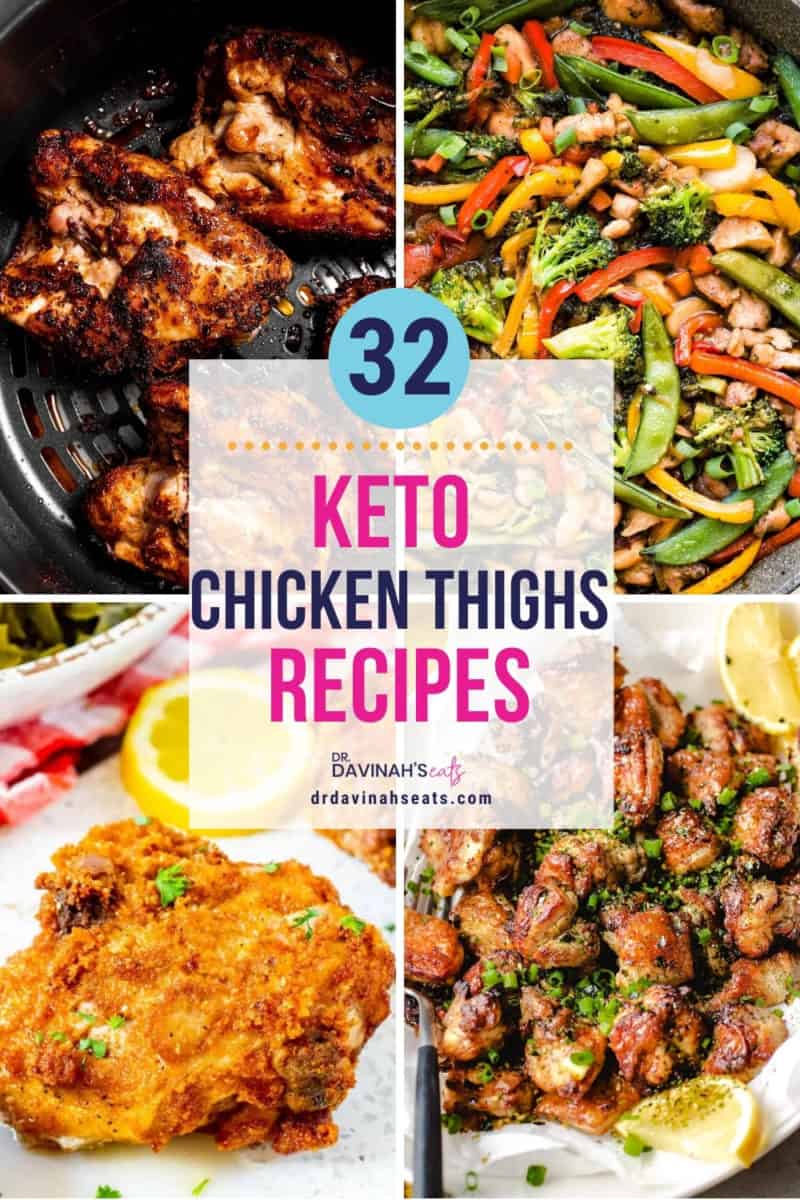 pinterest image for keto chicken thigh recipes like air fryer chicken thighs, keto fried chicken thighs, keto lemon chicken thighs, and keto chicken thigh stir fry