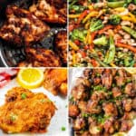 a collage of keto chicken thigh recipes like air fryer chicken thighs, keto fried chicken thighs, keto lemon chicken thighs, and keto chicken thigh stir fry
