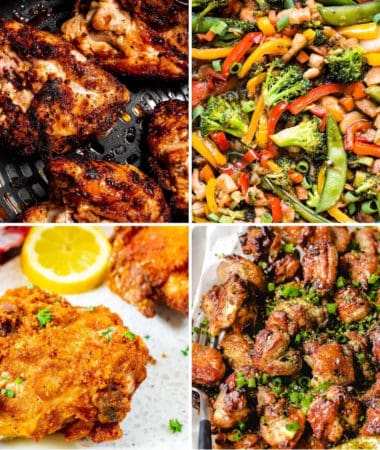 a collage of keto chicken thigh recipes like air fryer chicken thighs, keto fried chicken thighs, keto lemon chicken thighs, and keto chicken thigh stir fry