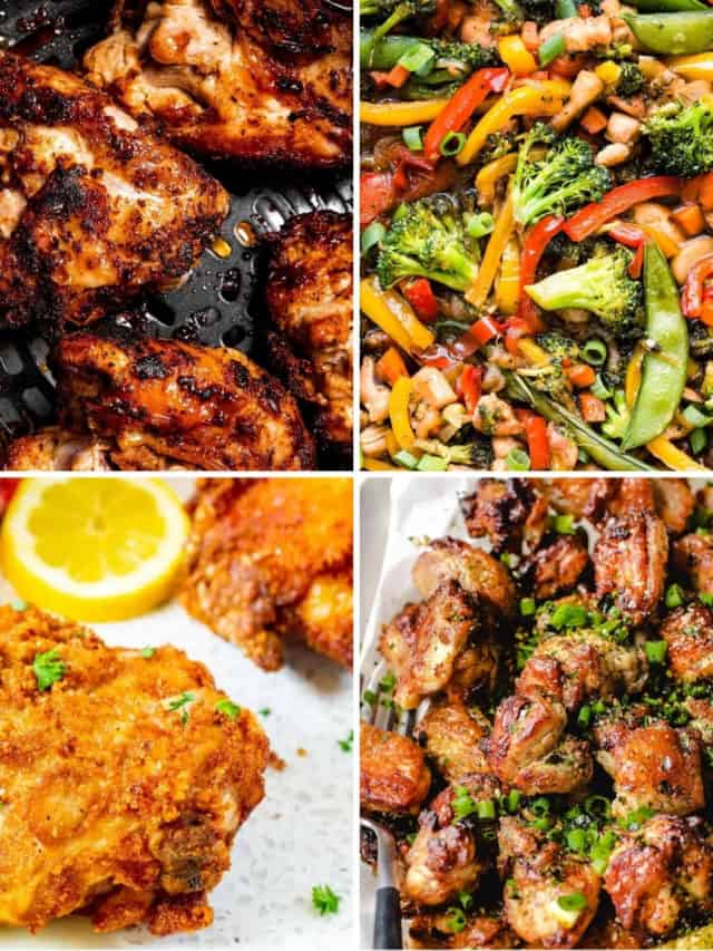 a collage of keto chicken thigh recipes like air fryer chicken thighs, keto fried chicken thighs, keto lemon chicken thighs, and keto chicken thigh stir fry