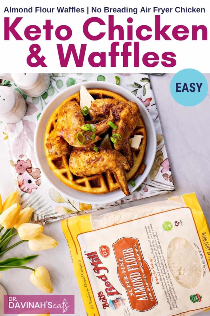 pinterest image for keto chicken and waffles