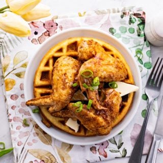 Keto Chicken and Waffles on a white plate