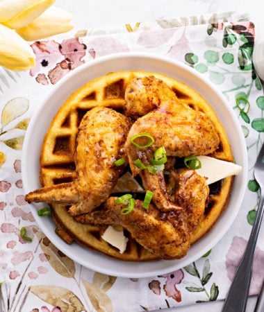 Keto Chicken and Waffles on a white plate
