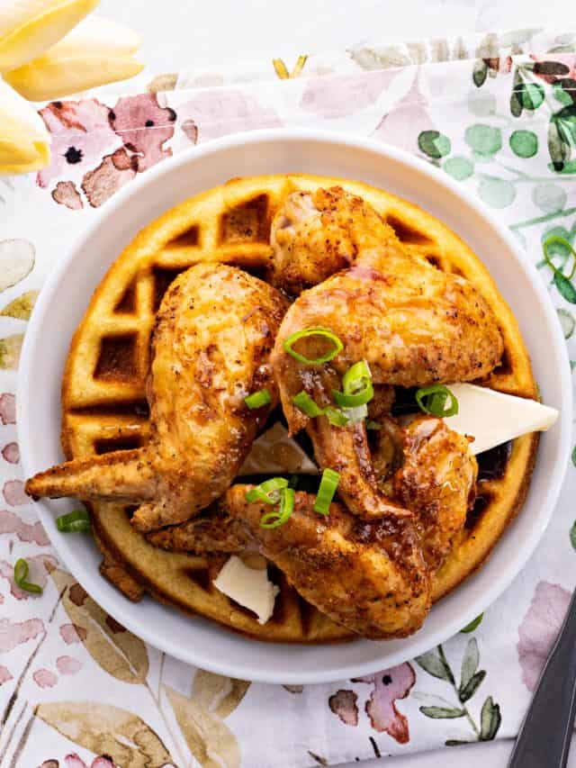Keto Chicken and Waffles on a white plate