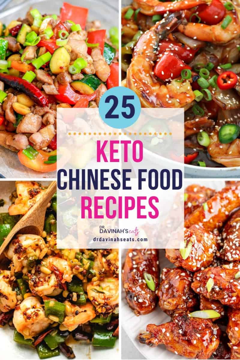 pinterest image for keto Chinese food recipes like shrimp kung pan, sweet and sour shrimp, keto cashew chicken, and sweet chili keto wings
