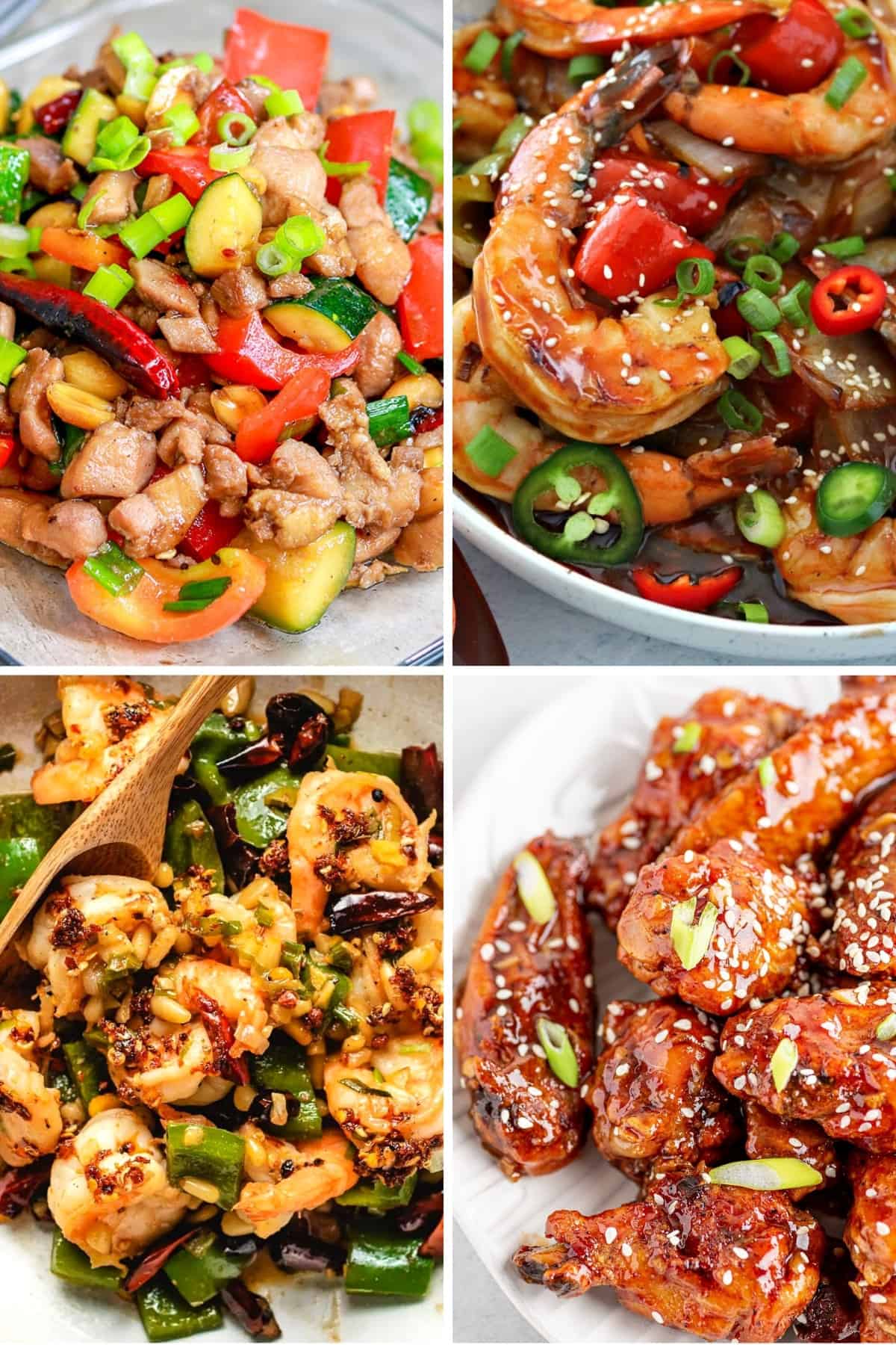 keto Chinese food recipes like shrimp kung pan, sweet and sour shrimp, keto cashew chicken, and sweet chili keto wings