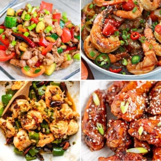 keto Chinese food recipes like shrimp kung pan, sweet and sour shrimp, keto cashew chicken, and sweet chili keto wings