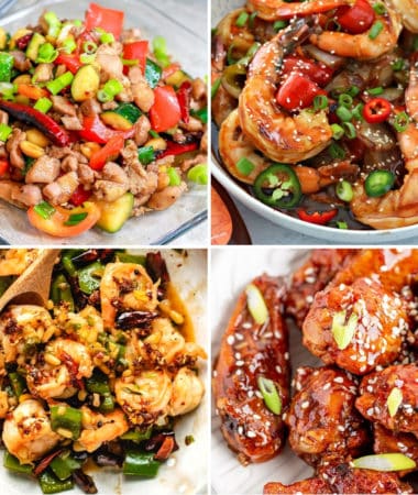 keto Chinese food recipes like shrimp kung pan, sweet and sour shrimp, keto cashew chicken, and sweet chili keto wings