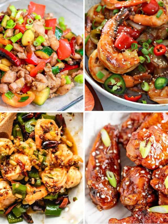 keto Chinese food recipes like shrimp kung pan, sweet and sour shrimp, keto cashew chicken, and sweet chili keto wings