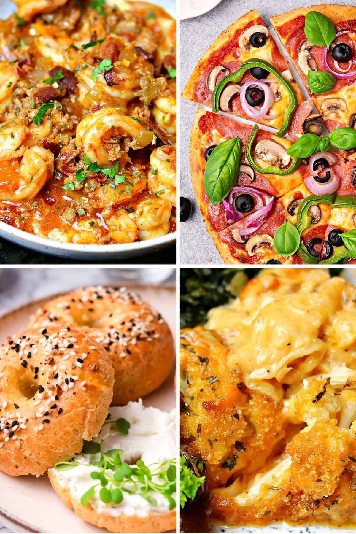 keto comfort food recipes like keto shrimp and grits, fathead dough pizza, keto bagels, and cauliflower Mac and cheese