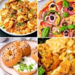 keto comfort food recipes like keto shrimp and grits, fathead dough pizza, keto bagels, and cauliflower Mac and cheese