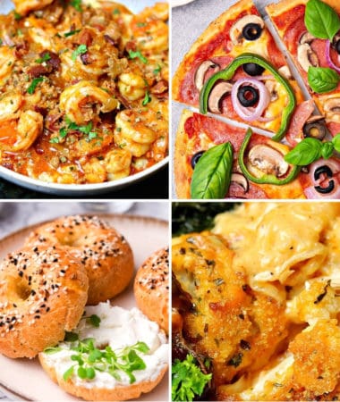 keto comfort food recipes like keto shrimp and grits, fathead dough pizza, keto bagels, and cauliflower Mac and cheese