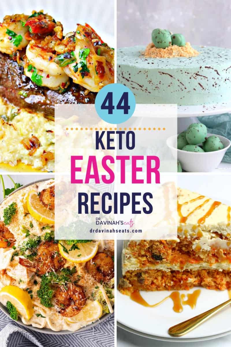 pinterest image for Keto Easter recipes like surf and turf, cajun shrimp alfredo, keto carrot cake, and Keto Easter egg cake