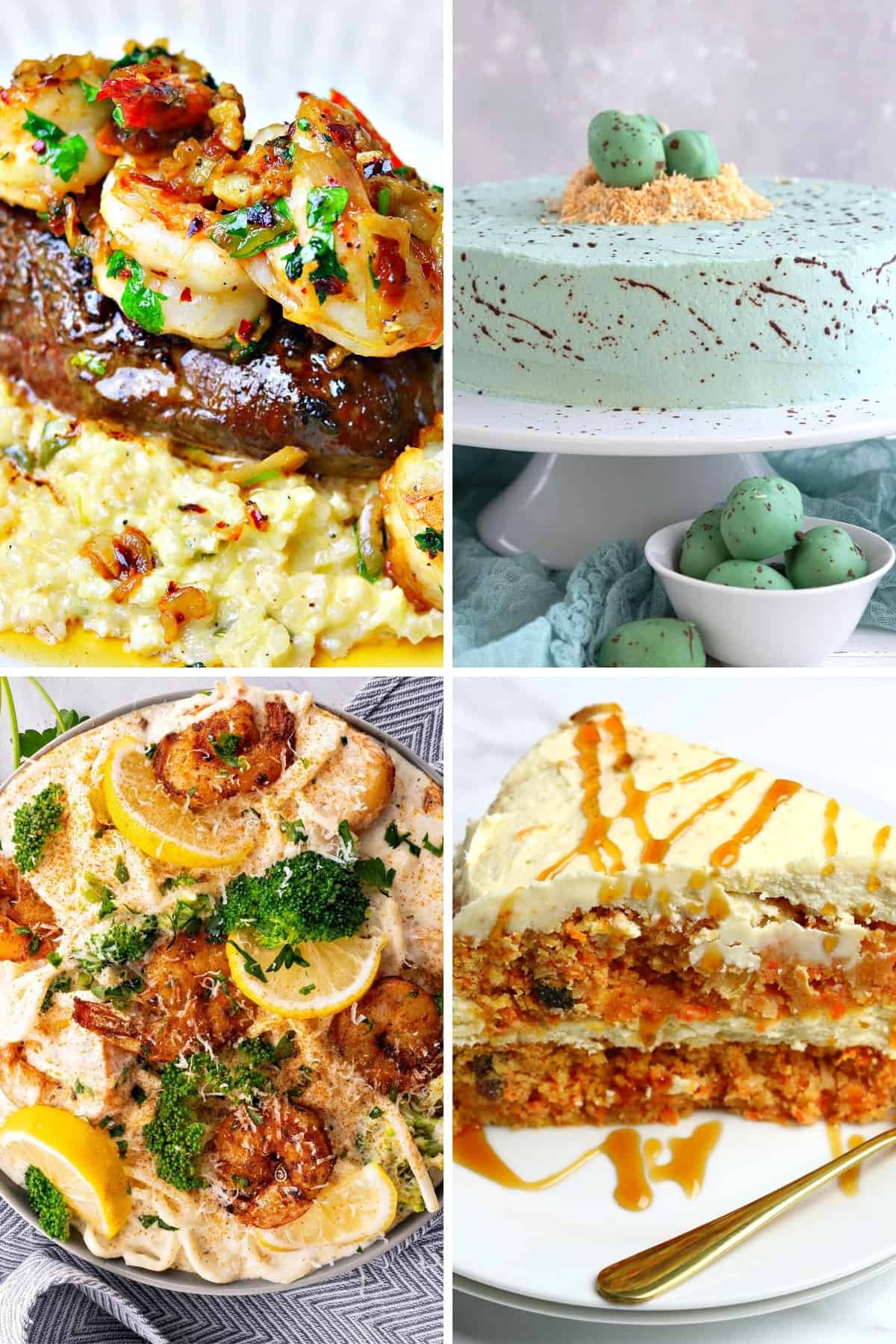 Keto Easter recipes like surf and turf, cajun shrimp alfredo, keto carrot cake, and Keto Easter egg cake