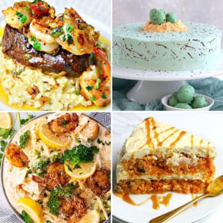 Keto Easter recipes like surf and turf, cajun shrimp alfredo, keto carrot cake, and Keto Easter egg cake