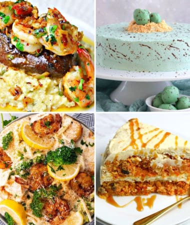 Keto Easter recipes like surf and turf, cajun shrimp alfredo, keto carrot cake, and Keto Easter egg cake